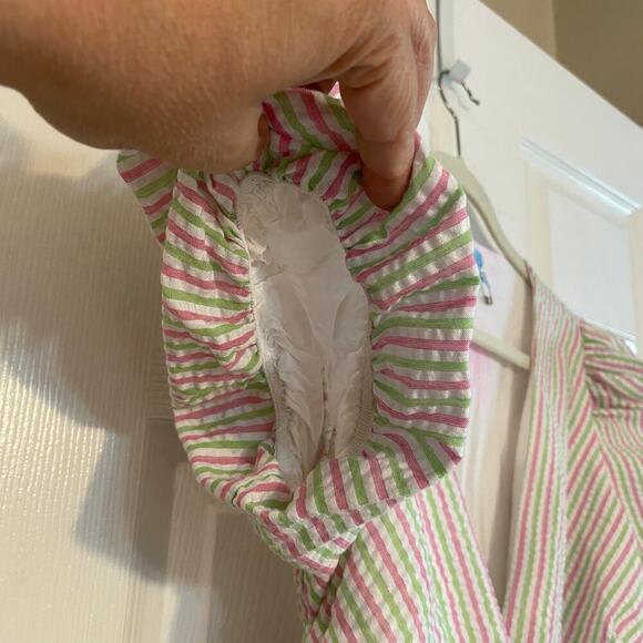 DRAPER JAMES RSVP Puff Sleeve Wrap Dress Ruffled Seersucker Striped Sz medium - Picture 4 of 16